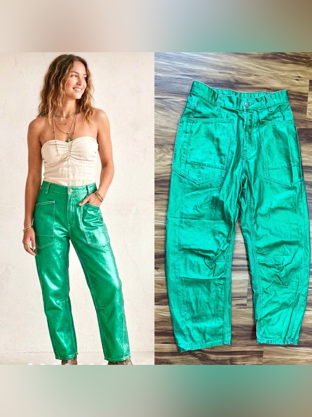 Free People Barrel Jeans Shimmering Emerald Green Barrel Size 25